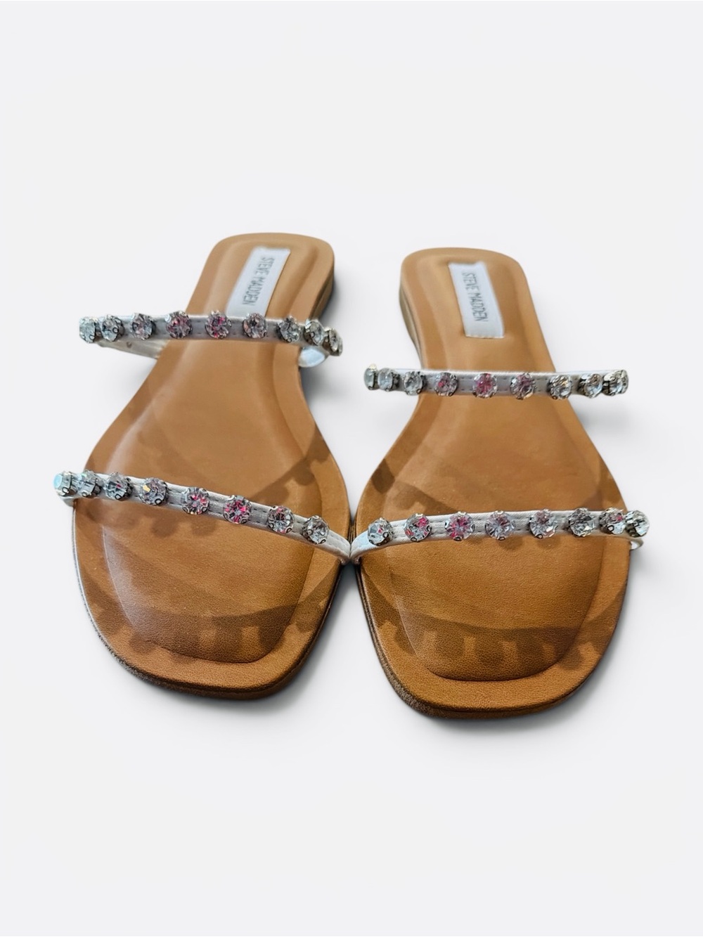 Steve Madden Retreat Rhinestone Sandals Womens Size 11 White Strap Nude Footbed - Picture 3 of 8